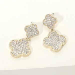 14K Gold Dipped CZ Pave Double Quatrefoil Link Earrings